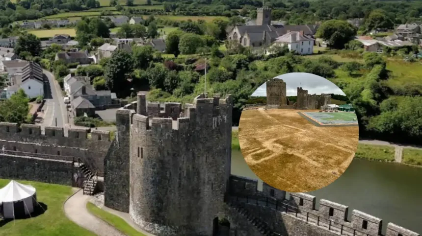 Heatwave parch marks show Henry Tudor manor at Pembroke Castle