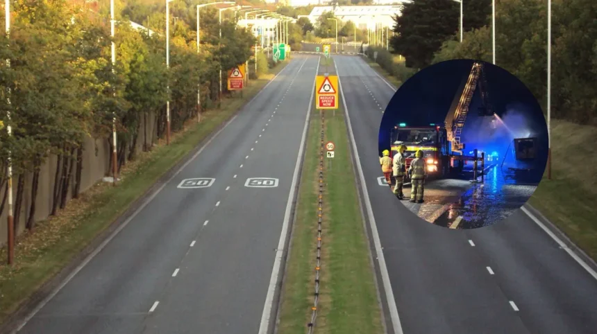 A41 Newport waste trailer fire 40 tonnes ablaze 2026